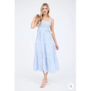 By The River Medium Blue White Strip Coastal Fairy Tiered Bow Accent Midi Dress